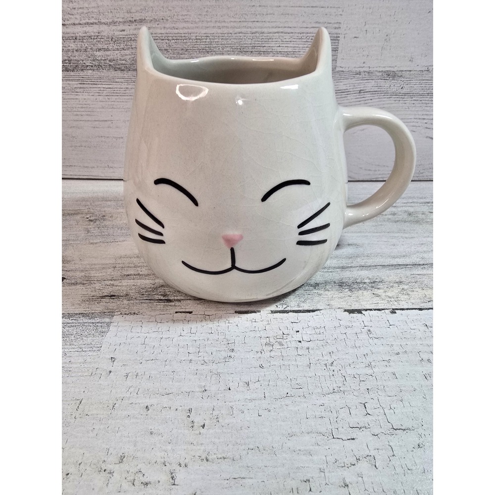 World Market White Cat Face Ceramic Mug with Interior Paw Print Crackle Glaze
